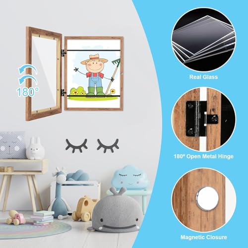 Image of GULETHUN [2-Pack] Kids Art Frames, 9x12 Front Opening Kids Artwork Frames Changeable, Dark Wood Grain Artwork Display Storage Frame for Wall, Holds 50 Pcs, for 3D Picture, Crafts, Children Drawing