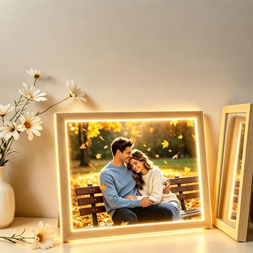 Image of EUG-PRODUCTS Custom LED Magic Mirror Picture Frame – 2-in-1 Magic Mirror & Photo Night Light with Wooden Frame 3 Light Modes – Personalized Gift for Women, Men, Graduation, Wedding, Thanks Gifts