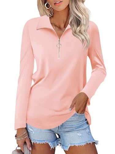 Women's Long Sleeve Shirts Quarter Zip Pullover Collared V Neck Tops Fall Blouses