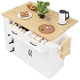 Lahoomu Kücheninsel, Küchenwagen mit Steckdosenleiste Ausgestattet, Küchenschrank, Abnehmbare Servierwagen mit Weinregal, Buffetschrank, Speisewagen mit Holzmaserung, Weiß