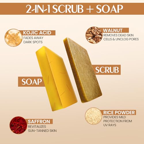 Image of Kojic Acid & Saffron Detan Scrub Soap With Turmeric & Niacinamide | Skin Brightening Soap | Dark Spots, Pigmentation & Tan Removal Bathing Soap For Men & Women