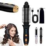 Cordless Hot Brush for Short Hair - Heated Round Curler & Thermal Curling Iron for Women, USB Mini Hair Straightener Portable Curling Brushes, Curly Straight Hair Travel Heat Styling (Black)