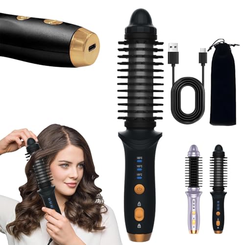 Kabellose Heißbürste für Kurzes Haar - Beheizte Rundbürsten & Thermische Lockenstab für Frauen, USB Mini Haarglätter Tragbare Lockenbürste, lockiges glattes Haar Reisewärme Styling (Schwarz)
