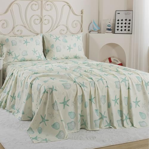 Image of FADFAY 100% Cotton Coastal Sheet Set Full - Ultra Soft Breathable Beach Bedding, Seafoam Green Starfish & Seashell Print, Ocean Themed Bed Sheets for Coastal Bedroom Decor, Deep Pocket, 4 Piece Set