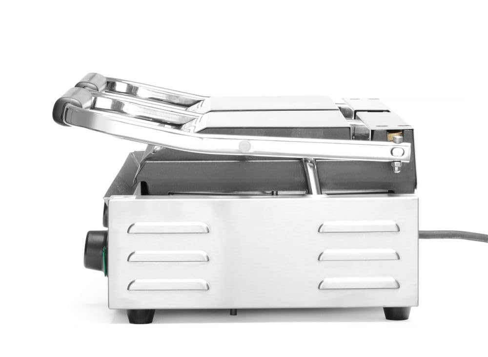 HENDI Piastra Elettrica a Contatto Doppia, Grill/Griglia Panini Professionale, Piastre Rigata in Ghisa Smaltata, 230V, 3600W, 570x375x(H)216mm, Acciaio Inox