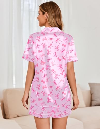 Image of Ekouaer Womens Satin Silk 2 Piece Pajamas Set Short Sleeve Sleepwear | Button Down Top and Shorts Loungewear Set for Sleep, Home, Wedding, Travel, Party, Daily Wear & Great for Sharing