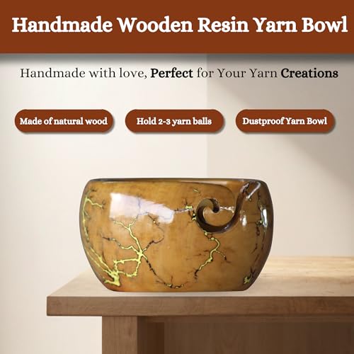 Image of Lichtenberg Figure Yarn Bowl - Handmade Wooden Yarn Bowl for Knitting Yarn Ball Holder - Yarn Bowls with Holes Crochet Bowl Holder - Yarn Storage Bowl 7 inch x 4 inch inches (Yellow Resin Yarn Bowl)