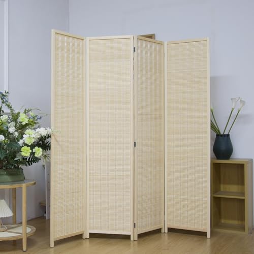 4 Panel Room Divider Screen, 5.6 FT Tall Bamboo Folding Privacy Screen, Freestanding Room Separator, Beige