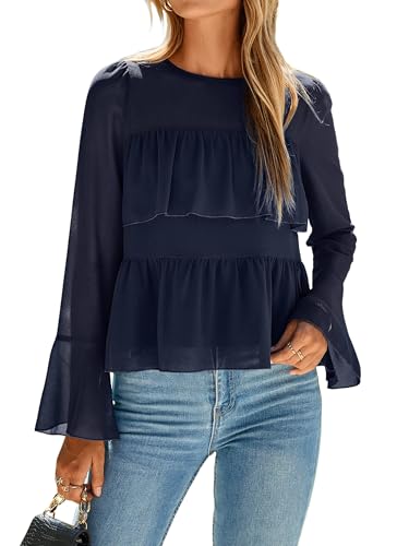 BerryGo Women's Ruffle Peplum Blouse - Dressy Casual Chiffon Tiered Top with Bell Sleeves Elegant Flowy Shirt for Work 2026 Navy Blue S
