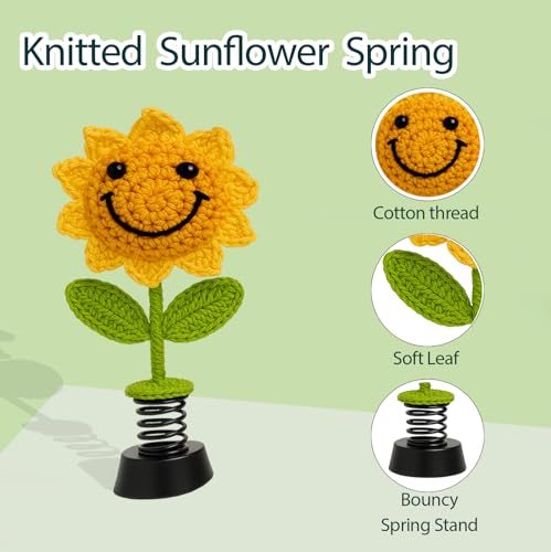 Image of Handmade Crochet Sunflower Car Dashboard Decorations Gifts for Women, Cute Sun Flower Hippie Car Bobblehead Dashboard Decor, Smiley Face Mini Sunflower Spring Desk Decorations 1 PCS