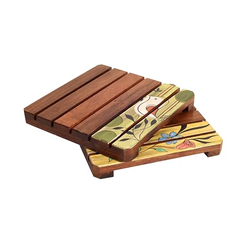 Image of Nature Motif Wooden Slatted Coasters (Set of 2) ? Heat Resistant, Non-Slip Drink Coasters for Coffee, Tea, and Glassware ? Rustic Eco-Friendly Table Decor