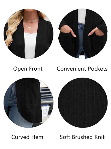 Image of Heymoments Women Long Sleeve Open Front Cardigan Black Large Casual Lightweight 2025 Fall Winter Swearter Ladies Loose Knit Outwear Coats with Pockets