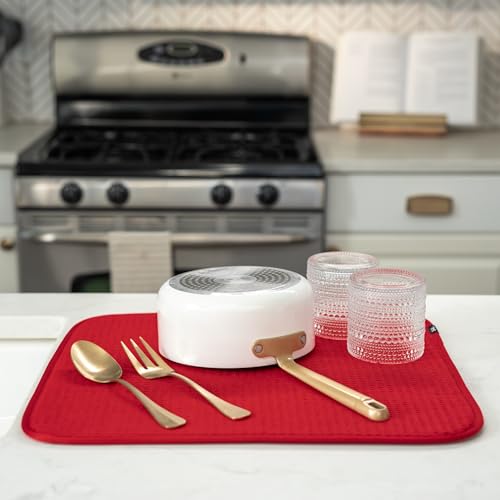 S&T INC. Dish Drying Mat, 16” x 18”, Absorbent Microfiber Kitchen Counter Mat, Dish Drying Pad for Dishes, Utensils, Pots and Pans, Large, Red