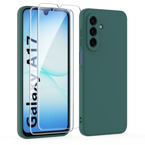 MIKULLE Funda para Samsung Galaxy A17 5G / 4G con Cristal Templado Protector de Pantalla,Ultra Slim Protectora Anti Choques Carcasa de Silicona Líquida TPU Suave Case Cover   Verde Oscuro