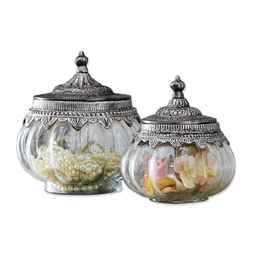 Loberon Glasdosen 2er Set Madelon, Zwei Größen, mundgeblasen, kunstvoll verzierte Deckel im Antik-Stil, Dekoration, Aufbewahrung, Wohn-Accessoire, Glas, Eisen, klar/Silber