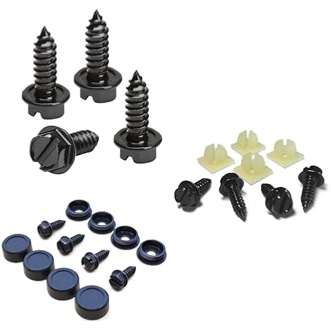 License Plate Screws Insert and Caps Kit - Set of 4 Black Stainless Steel Screws with Nylon Retaining Nuts and Screw Covers Cover