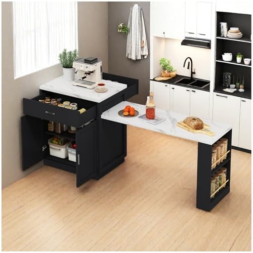 Wyibwy Isla de cocina con mesa de comedor extensible para 4-6 personas, tomas eléctricas, armarios, 2 cajones y 2 estantes abiertos en los lados, mesa con superficie de apoyo blanca, armarios negros