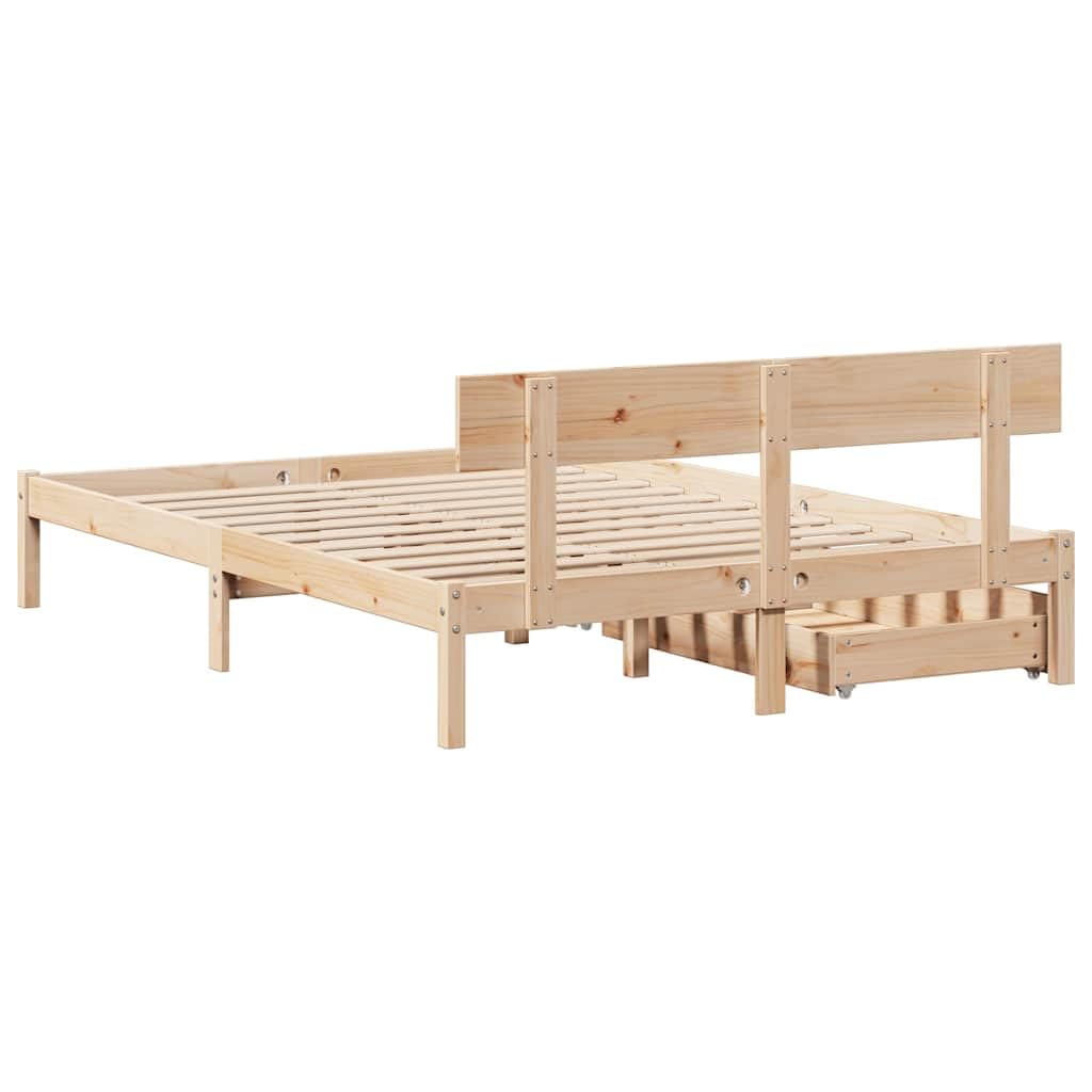 Estructura de Cama de Madera Maciza de Pino para Dormitorio de 140x190 cm con Base de Listones y cajones con Ruedas, Soporte Resistente y diseño rústico Ideal para Descanso y Almacenamiento