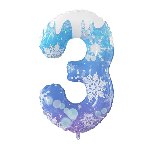 40 Inch Frozen Number 3 Balloon, Blue Snowflake Theme for 3rd Birthday Party Decoration,Winter Dreamy Girl Birthday Decoration Extra Large Number 3 Foil Balloon