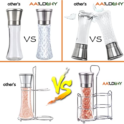 Aaildehy Salt And Pepper Grinder Set Of 2 - Stainless Steel Salt And Pepper Mill With Adjustable Coarseness - Ceramic Pepper Grinder Refillable - Glass Spice & Kosher Salt Shaker With Stand #TOP2