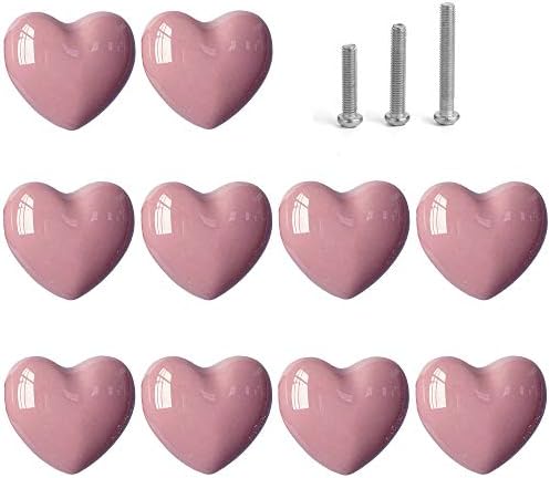 Perphin Ceramic Drawer Knobs Heart Shape Cabinet Dresser Pulls Handles with 3 Sized Screws, Kitchen Furniture Knobs for Closet Cupboard Wardrobe (10 Pack, Pink)