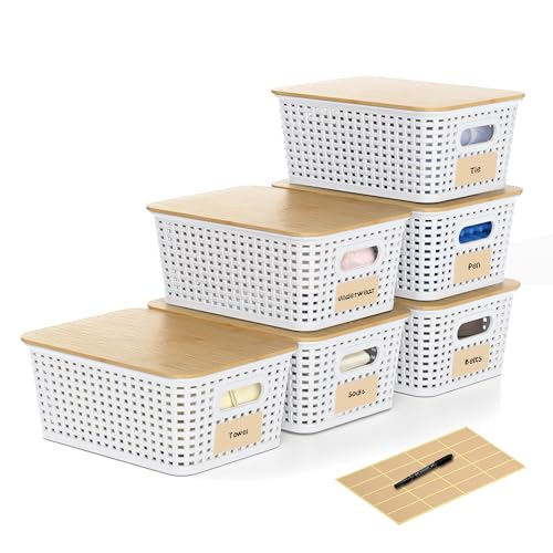 Wrrlors Plastic Storage Baskets with Bamboo Lids and Labels, Stackable Storage Containers, Storage Bins for Organizing Shelves Drawers Desktop Closets Office, 6 Packs-White