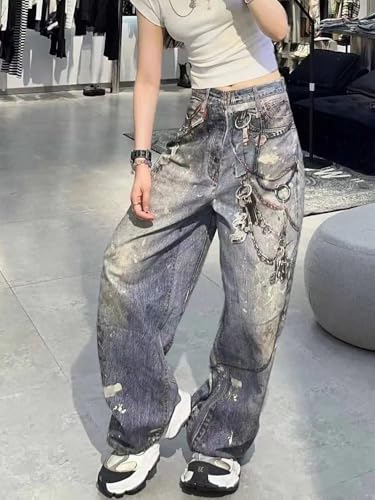 Vintage Grunge Heavy Industry 3D Chain Printed Straight Leg High Waist Jeans Harajuku Hip Hop Casual Trendy Y2k Baggy Pants2
