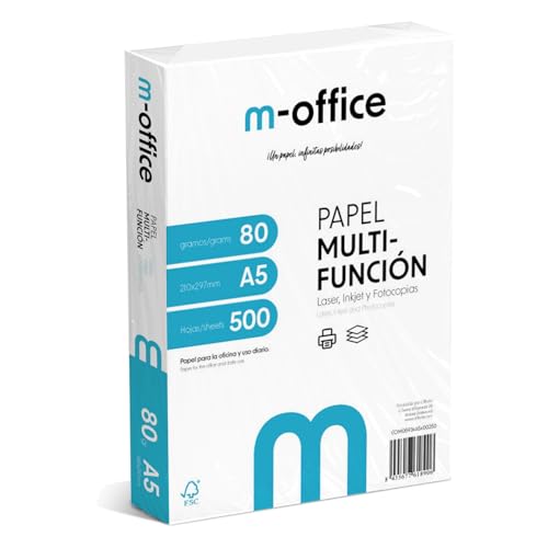 A5-Papier, 80 g, Packung mit 500 Blatt, Multifunktionspapier für Inkjet- und Laserdrucker, A5-Blätter, 148 x 210 mm, ideal für Büro und Zuhause · m-office (500 Blatt)