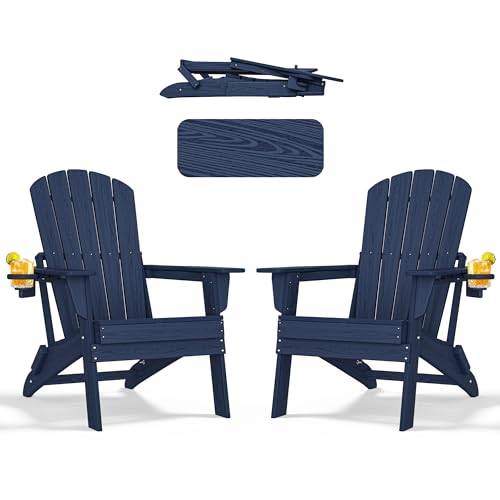 Folding Adirondack Chair - Extended Ergonomic Backrest, Cup Holder - Easy Assembly - Durable HDPE Plastic, Weather Resistant & Maintenance-Free - Lawn, Patio, Deck Supports 380lbs NavyBlue N