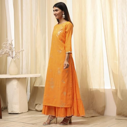 Image of BIBA Women Orange Poly Chanderi Dress
