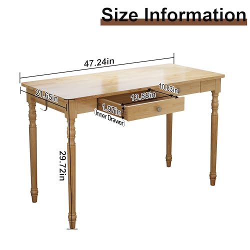 Image of 100% Solid Wooden Desk with Drawers - 47.2 inch Mid Century Modern Desk with 2 Hooks, Writing Desk with Drawers, Simple Work Study Table for Bedroom & Home Office - Natural Boho Desks