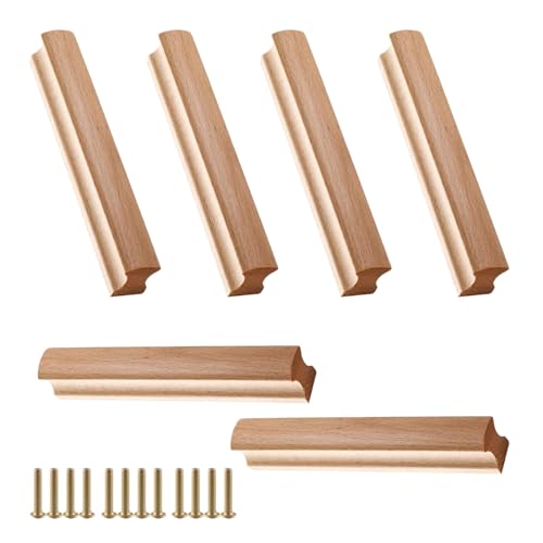 6 Piezas Tirador Madera, Tiradores de Madera para Armario con Tornillos, Tiradores para Cajones, Mueble de Cocina de Madera Maciza con Tiradores, Distancia entre Agujeros 128 mm, para Armarios, Baños