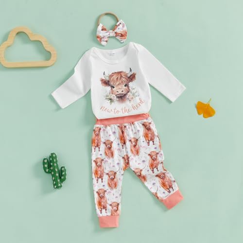 Western Baby Girl Fall Clothes New To The Herd Long Sleeve Romper Cow Print Long Pants Set Headband 3pcs Inant Outfit2