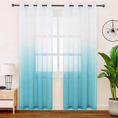 FLOWEROOM Gradient Voile Curtain Panel for Bedroom/Living Room, 55" Wide x 88" Drop（140 X 225cm）, Teal – Light Filtering and Privacy Protection Ombre Sheer/Voile Eyelet Curtains, Set of 2 Drapes