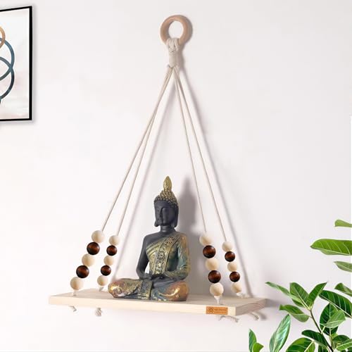 Image of Boho Wooden Hanging Shelf with Beads & Macrame Rope, Adhesive Wall Hook| Rustic Swing Wall Art for Plants, Living Room, Bedroom | Pine Wood, Handcrafted