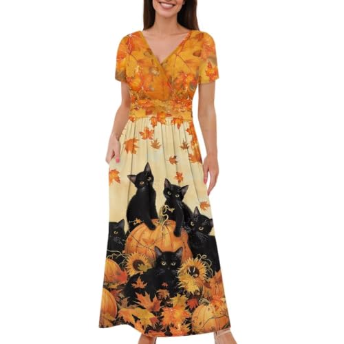 Image of Women's Fall Summer Short Sleeve Ankle Length V-Neck Party Dress with Pockets Size S-3XL