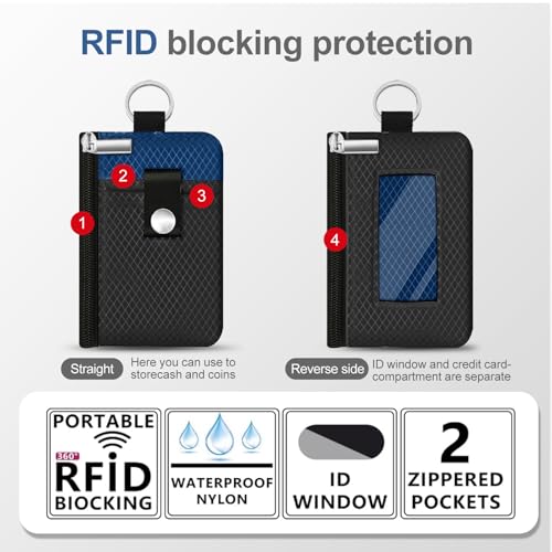 Image of Minimalist RFID Blocking Small Wallet with ID Window,WaterResistant Zip Id Case Wallet with Lanyard Keychain for Cards,Cash,Travel,Women,Men (Black /Electric Blue)