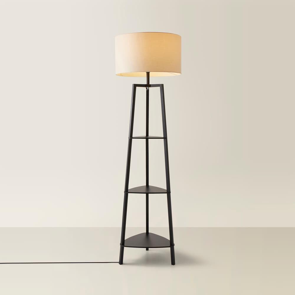 Minisun Beige | Black Wooden 3 Tier Floor Lamp With Storage Shelves Light And Shade | Floor Lamps & Torchieres, Home Décor & Improvement Essential | Includes 6W Gls Bulb