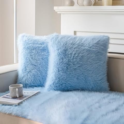 Neelvin Blue Faux Fur Cozy Fluffy Double-Sided Decorative Throw Pillow Covers 20x20 inch Set of 2,Velvet Pillowcase Cushion Case for Sofa Couch Cover