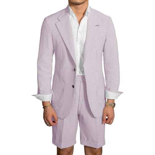 Mens Shorts Suits 2 Piece Seersucker Suit Slim Fit Two Button Blazer & Shorts Casual Set Summer Beach Wedding 2025