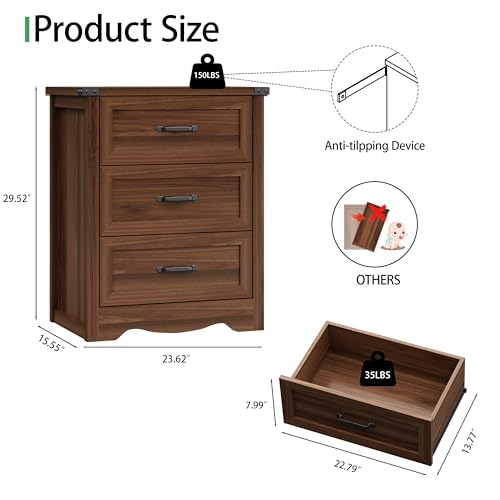 Image of Nightstand with 3 Drawers, 24 inch Wide Farmhouse Bedside End Table, Rustic Wood Side Table Night Stand with Mental Handle, Tall Modern Small Dresser Chest of Drawer for Bedroom, Living Room, Dorm, Walnut