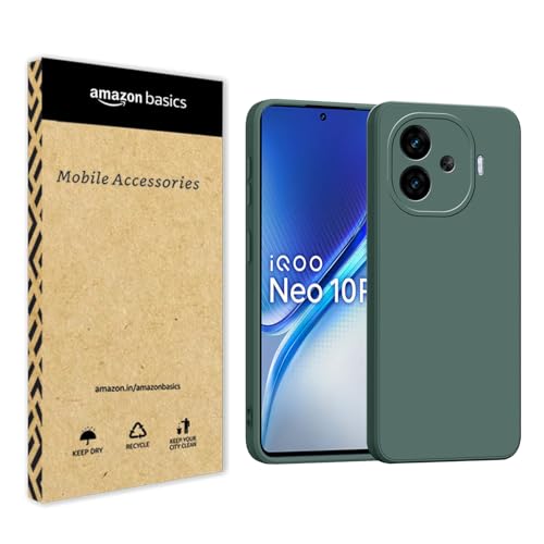 Image of amazon basics Back Cover for iQOO Neo 10R 5G | Ultra Slim Soft Rubberised Case | Matte Silicone Flexible Mobile Case | Camera Protection - Green