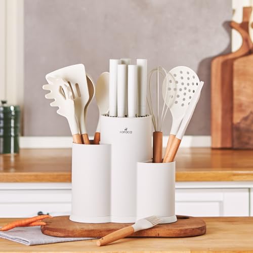 Karaca Burby 14-tlg Messerblock-Set mit Schneidebrett und Küchenutensilien, Messer aus Edelstahl, ergonomische Griffe Küchenhelfer Set, Creme