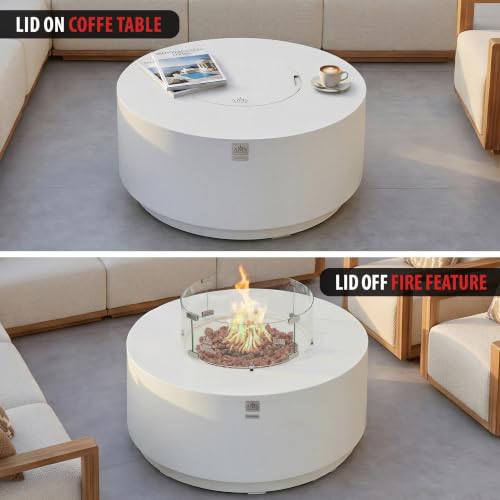 Image of AMS Round Concrete GFRC Propane Gas Fire Pit Table Bundle (Cream White)