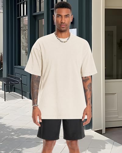 Oversized Tshirts for Men Short Sleeve Vintage Washed Basic Loose Tees, Pure Beige, L - Image 6