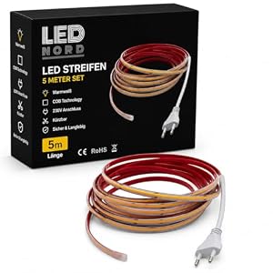 LED Nord COB LED Streifen 230V 5m Warmweiß 3000K, dimmbarer LED Lichtstreifen IP67, 10W/m, bis 1100 lm/m, schneidbar alle 12,5 cm, selbstklebend, für innen und außen