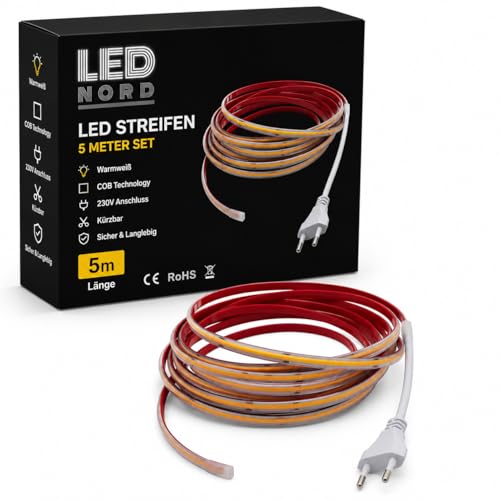 LED Nord COB LED Streifen 230V 5m Warmweiß 3000K, dimmbarer LED Lichtstreifen IP67, 10W/m, bis 1100 lm/m, schneidbar alle 12,5 cm, selbstklebend, für innen und außen