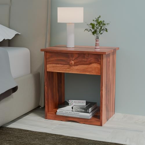 Image of Jangid Handicraft Solid Sheesham Wood Bedside Table with Drawer | Nightstand for Bedroom, Living Room & Home Decor | Wooden Side Table with Storage Shelf & Drawer, Natural Finish