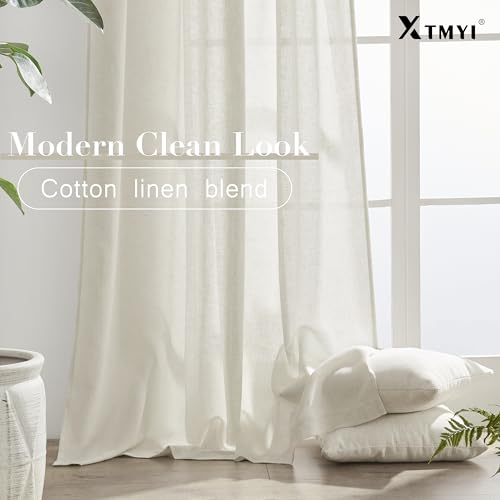 Image of Linen Cotton Curtains for Living Room, Cream Off White Natural Fabric Light Filtering Semi Sheer Curtains 84 Inches Long, Ivory Pleated Farmhouse Curtain Drapes 84 Inch Length 2 Panels Set Dining Room