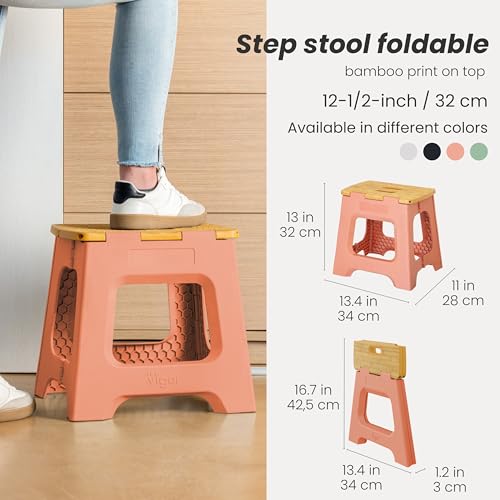 Image of Vigar Compact Folding Step Stool, 12-1 /2 in, Orange Bamboo Print | 12-1 /2 in Foldable Stool, Lightweight Portable Design, Handle, Non Slip Surface, Space-Saving, Supports up to 330 lb